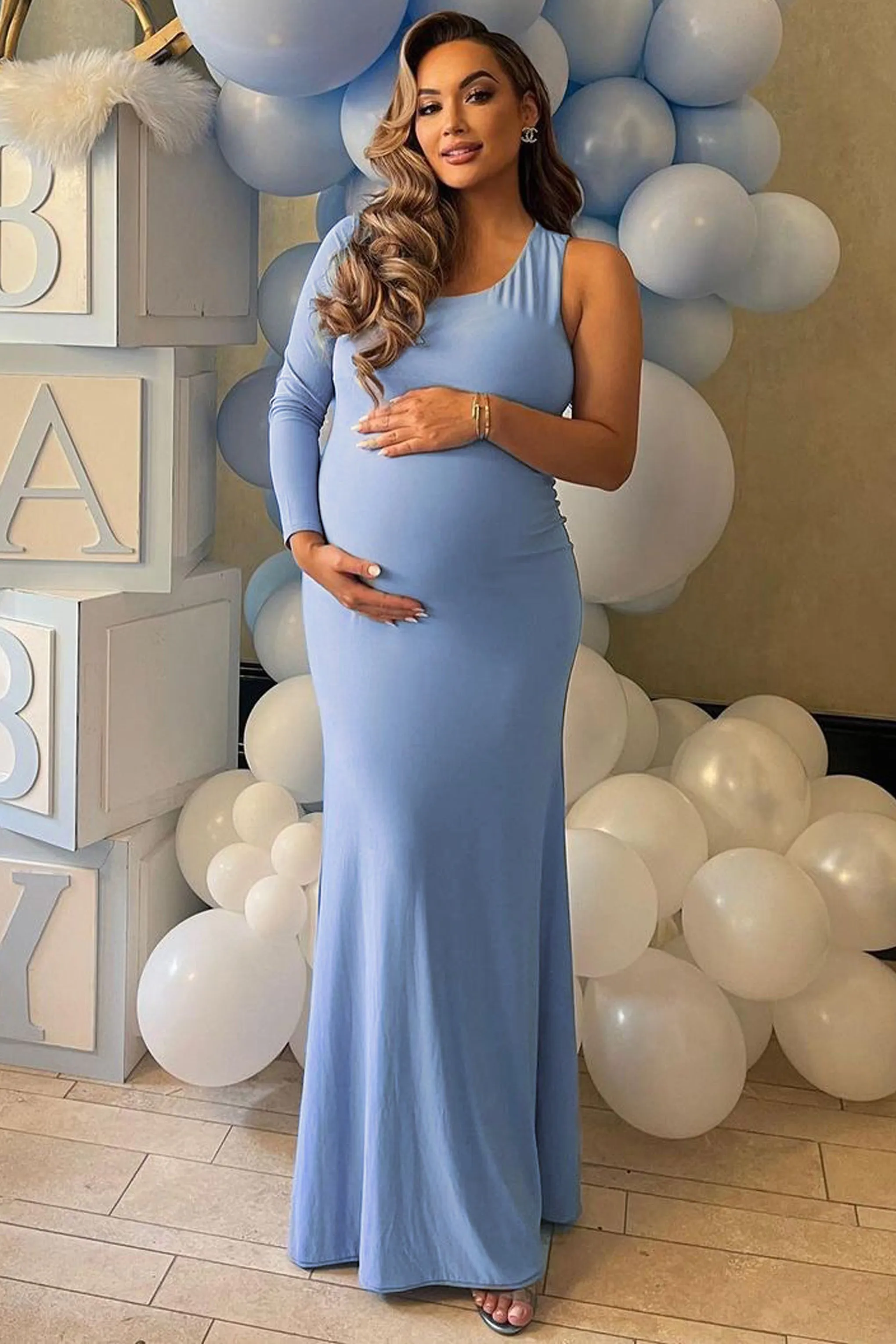 Oh Baby | Powder Blue Maternity One Shoulder Bodycon Maxi Dress