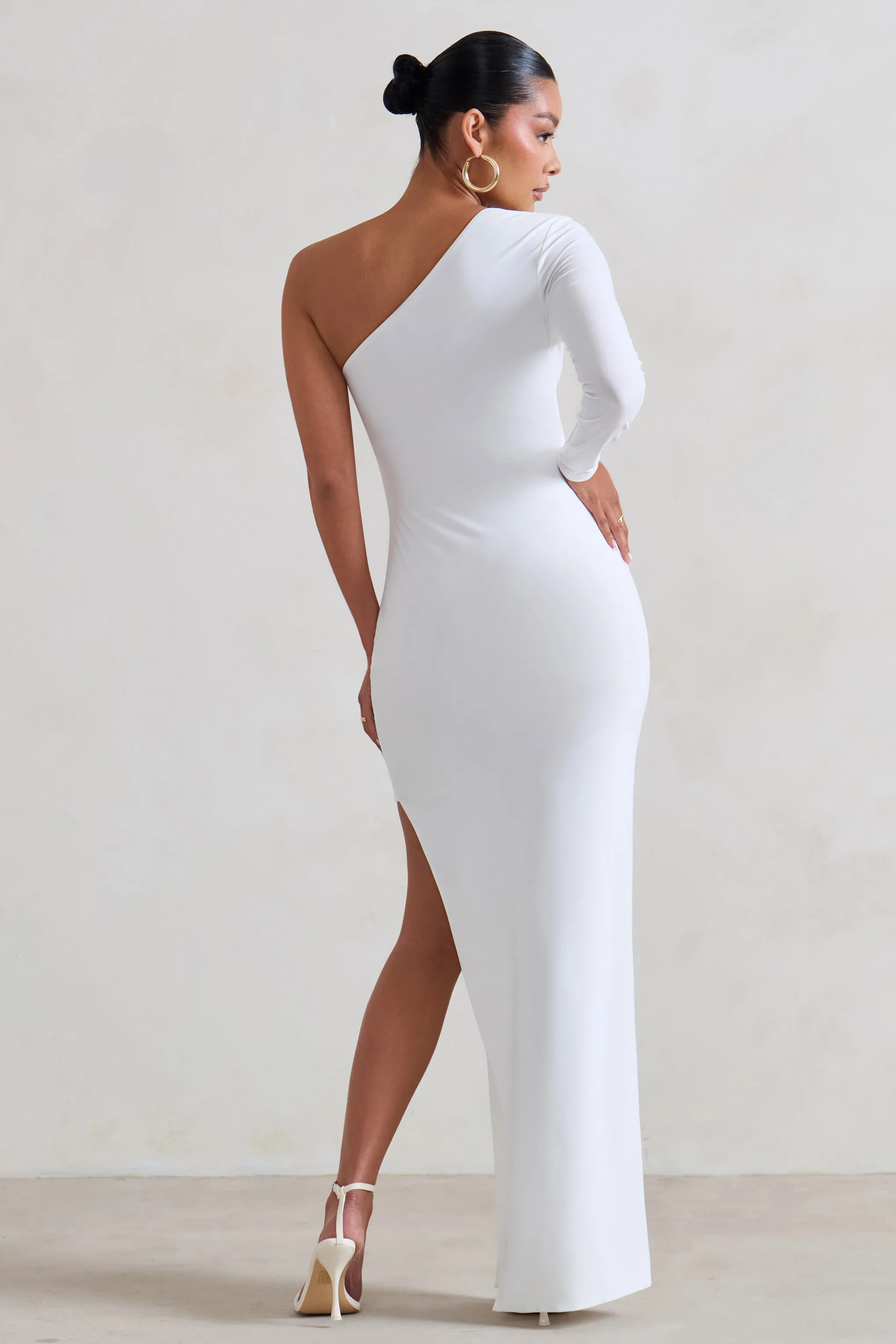 Paloma | White Maternity One Sleeve Asymmetric Maxi Dress