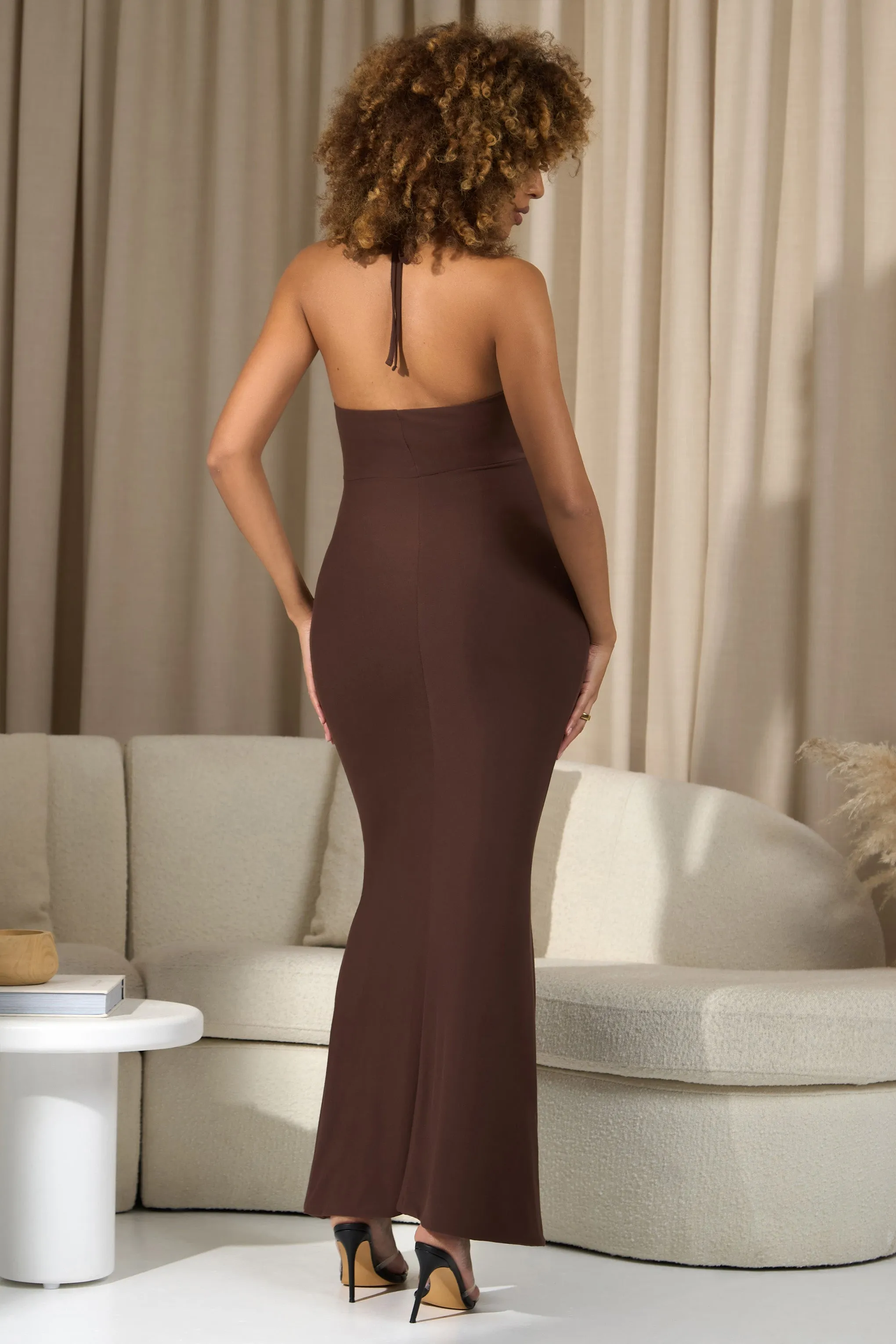 Perrie | Chocolate Brown Halter-Neck Maternity Maxi Dress