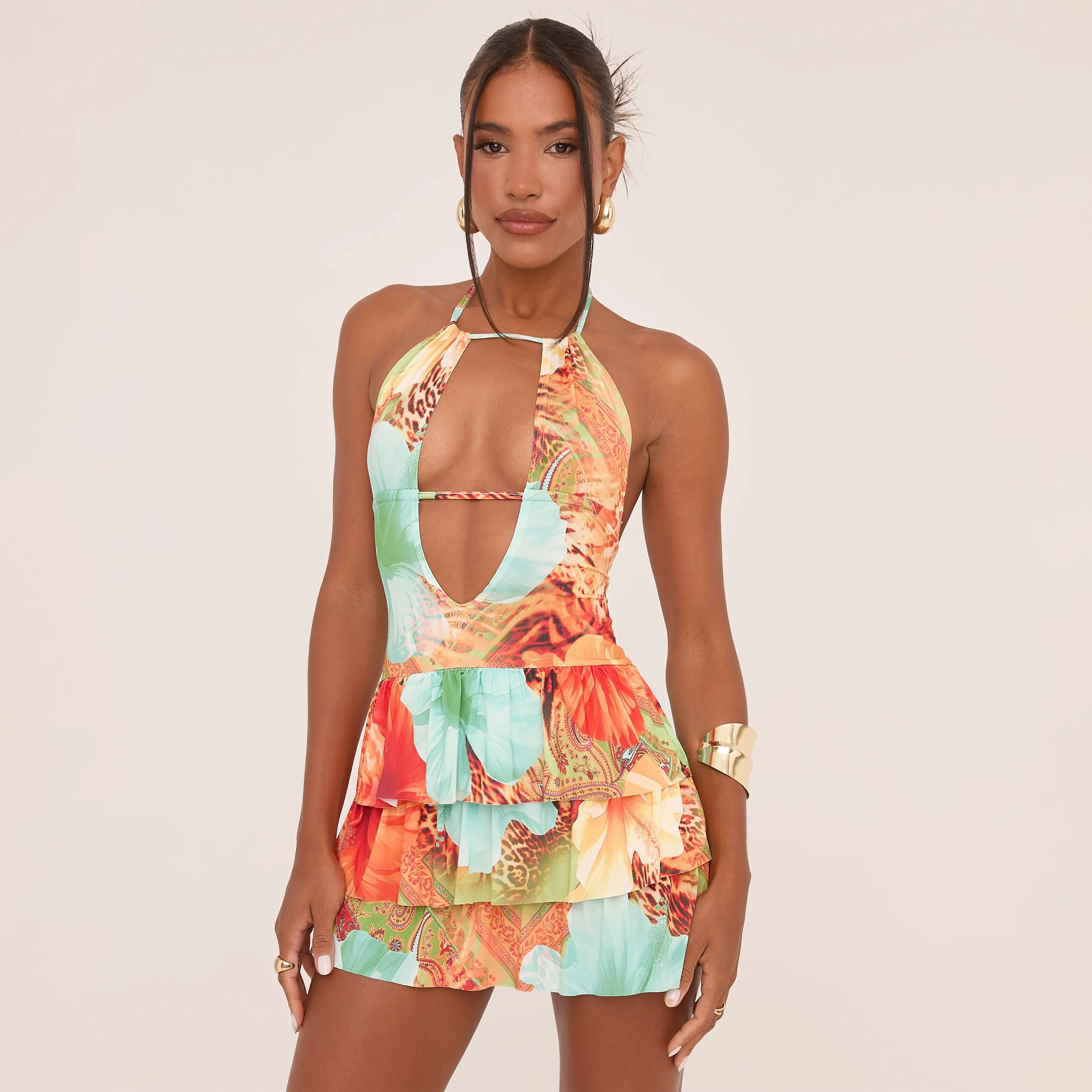 Plunge Halterneck Cut Out Front Tiered Mini Dress In Orange Tropical Print