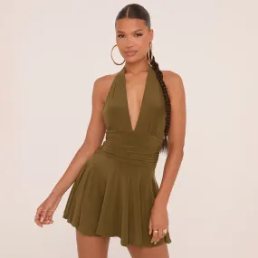 Plunge Halterneck Open Back Flippy Hem Mini Skater Dress In Khaki Green Slinky