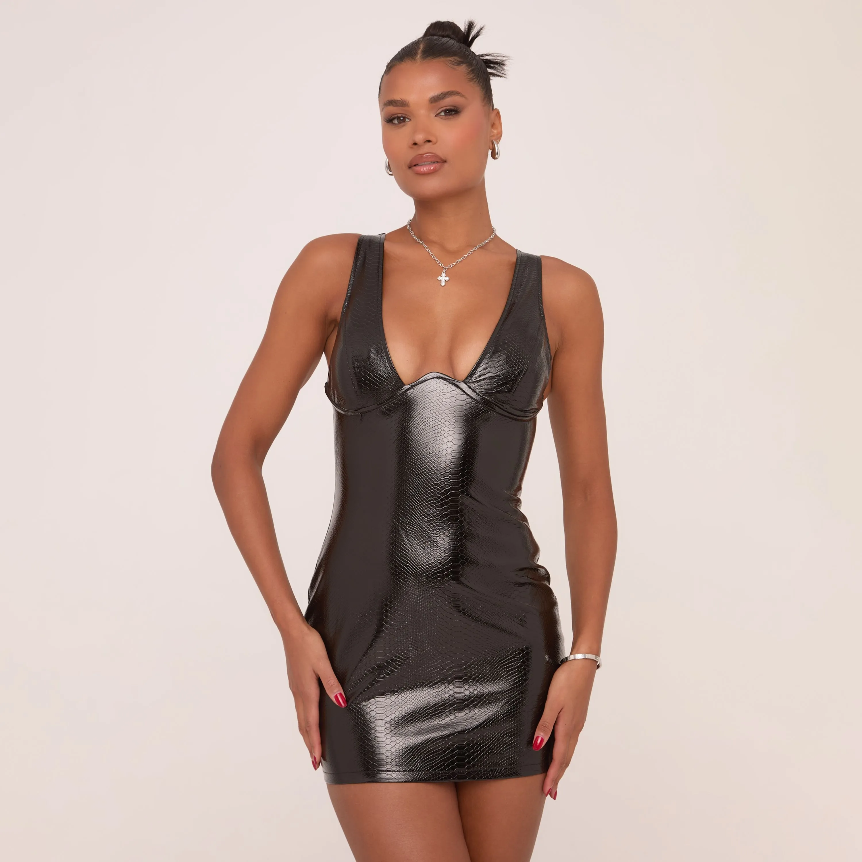 Plunge Neck Underwired Mini Bodycon Dress In Black Croc Print Faux Leather