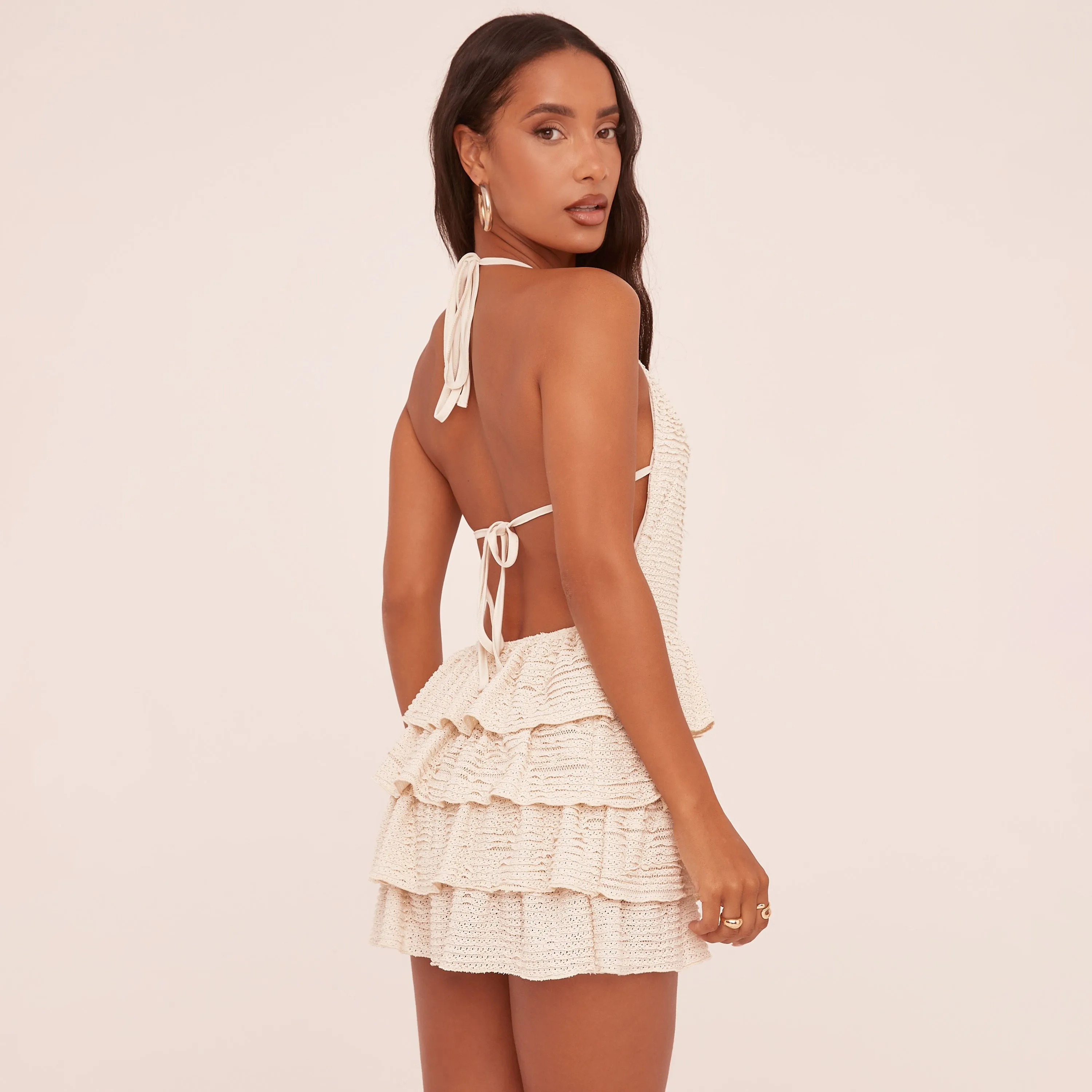 Plunge Open Back Tiered Frill Hem Mini Dress In Stone Texture