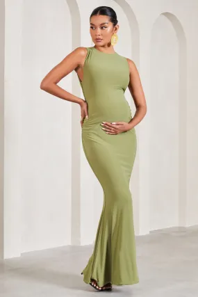 Riley | Olive Ruched Sleeveless Open-Back Maternity Maxi Dress