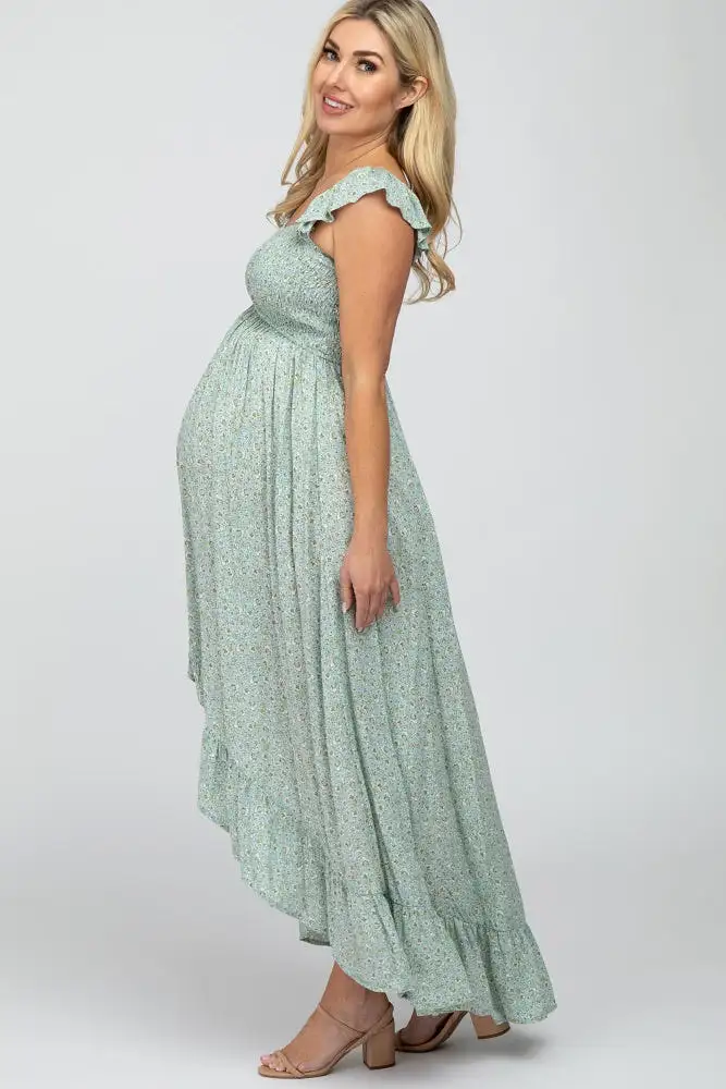 Sage Floral Smocked Hi-Low Maternity Maxi Dress