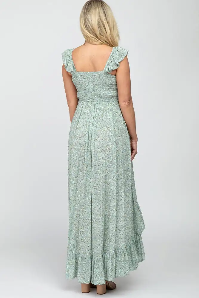 Sage Floral Smocked Hi-Low Maternity Maxi Dress