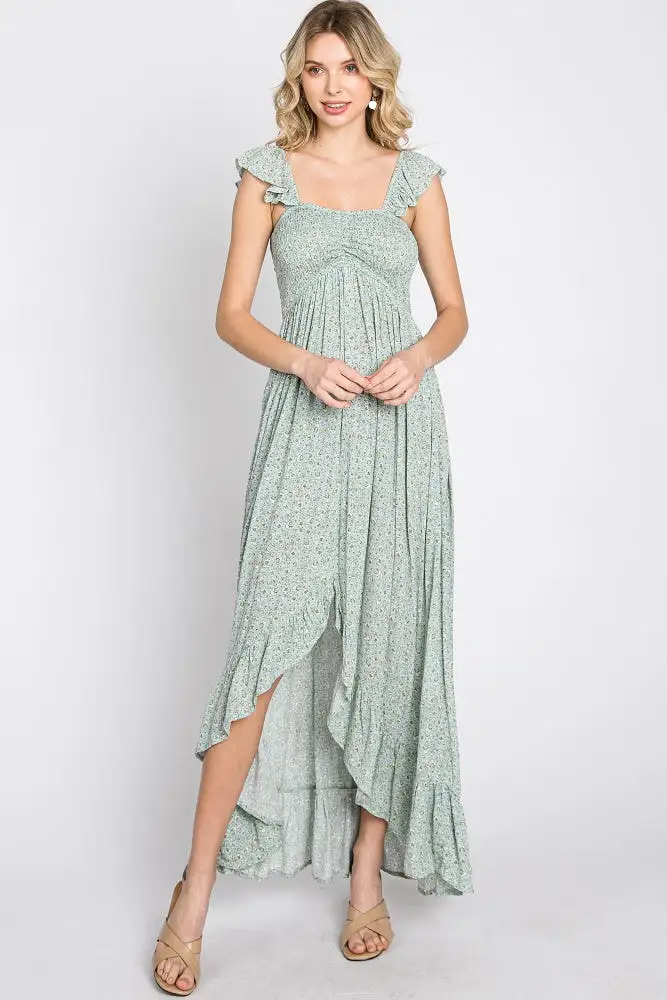 Sage Floral Smocked Hi-Low Maternity Maxi Dress