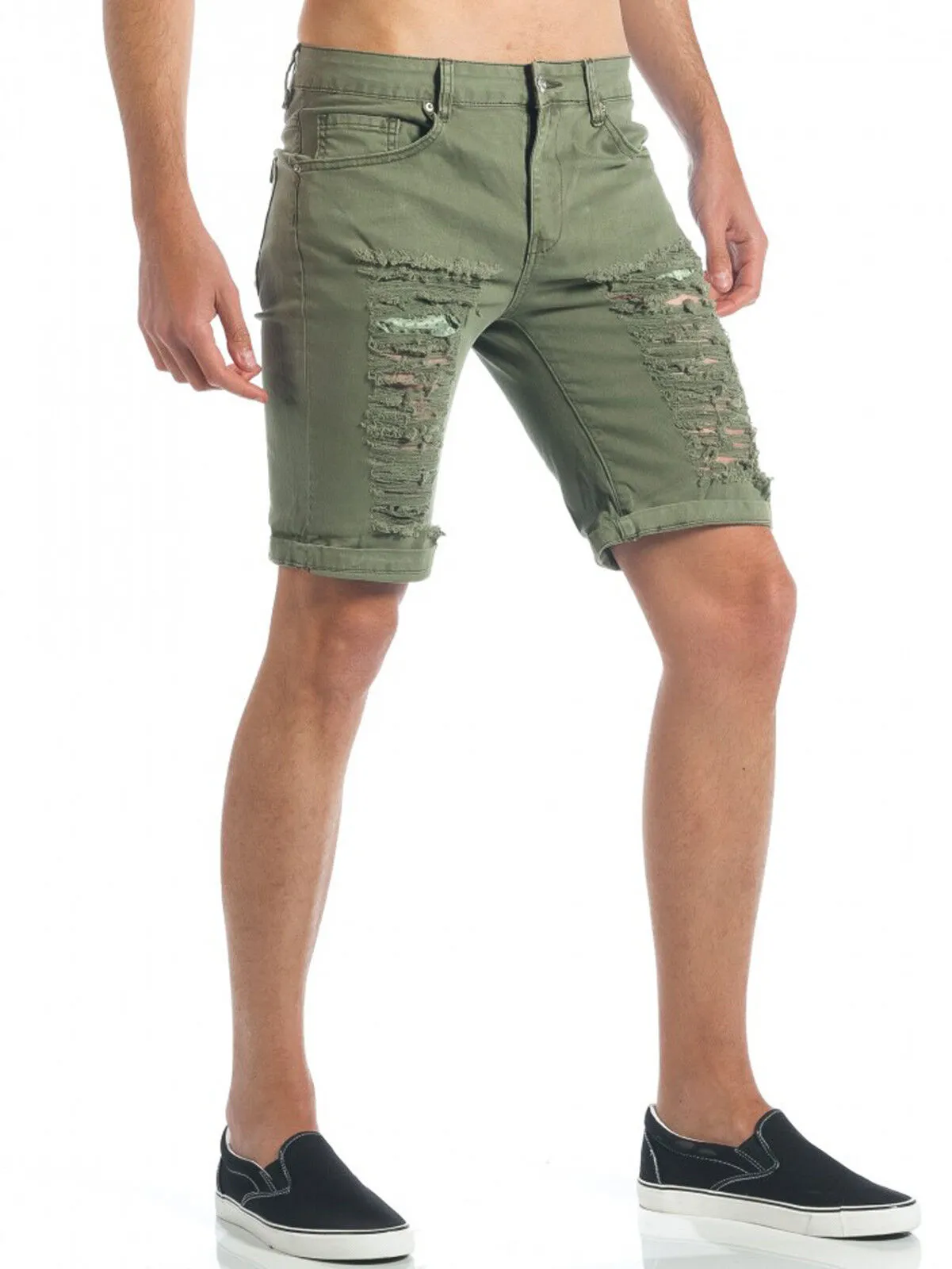 SHORTS BERMUDA UOMO DIAMOND VERDE MILITARE STRAPPATO COTONE PANTALONCINO JEANS