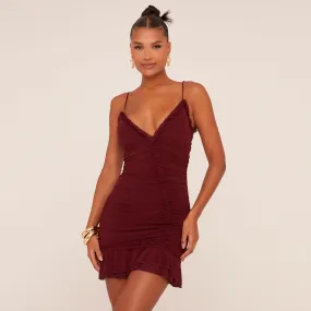 Strappy V Neck Frill Edge Ruched Mini Bodycon Dress In Burgundy Mesh