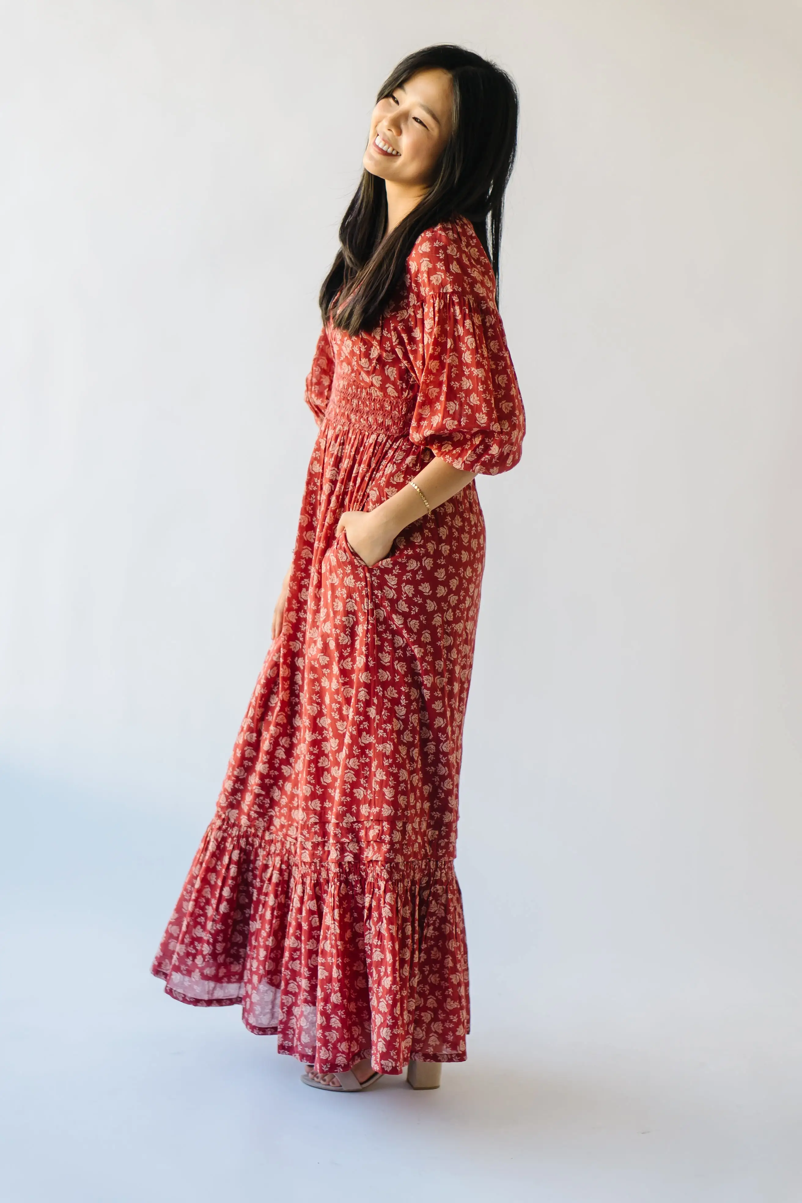 The Lewiston Smocked Detail Maxi Dress in Antique Brick