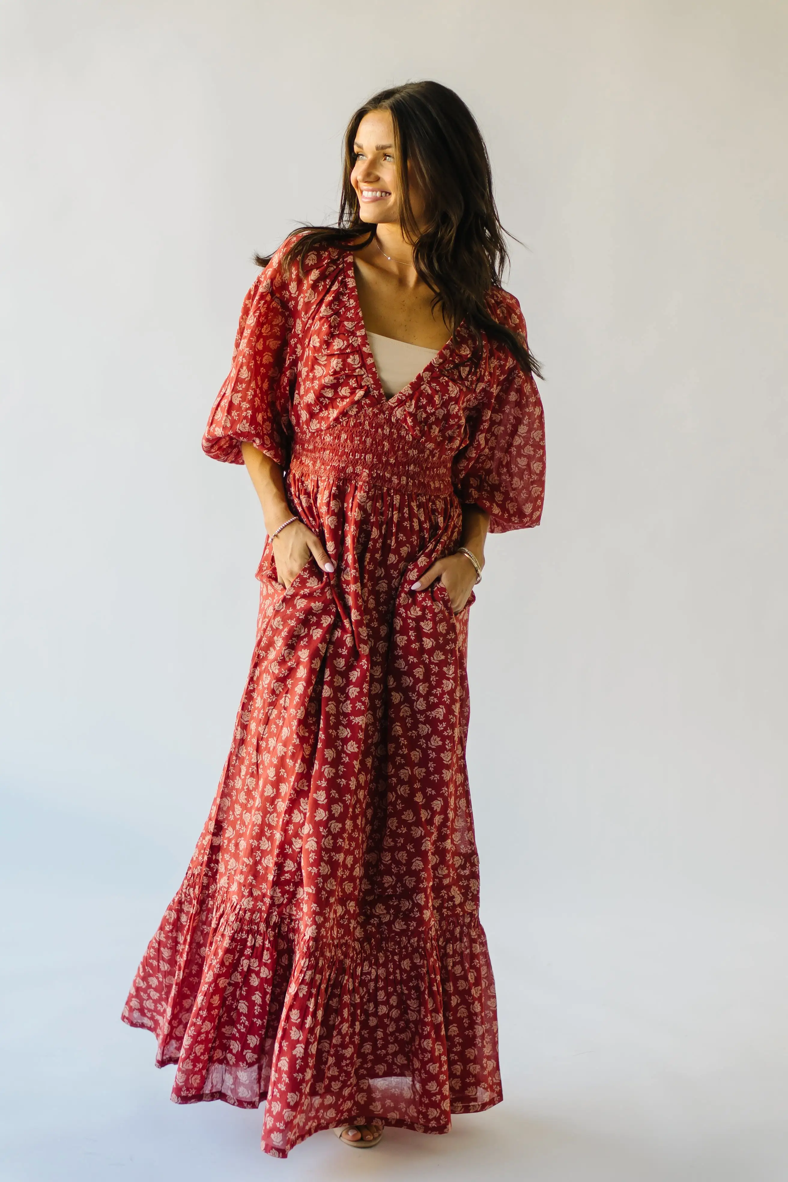 The Lewiston Smocked Detail Maxi Dress in Antique Brick