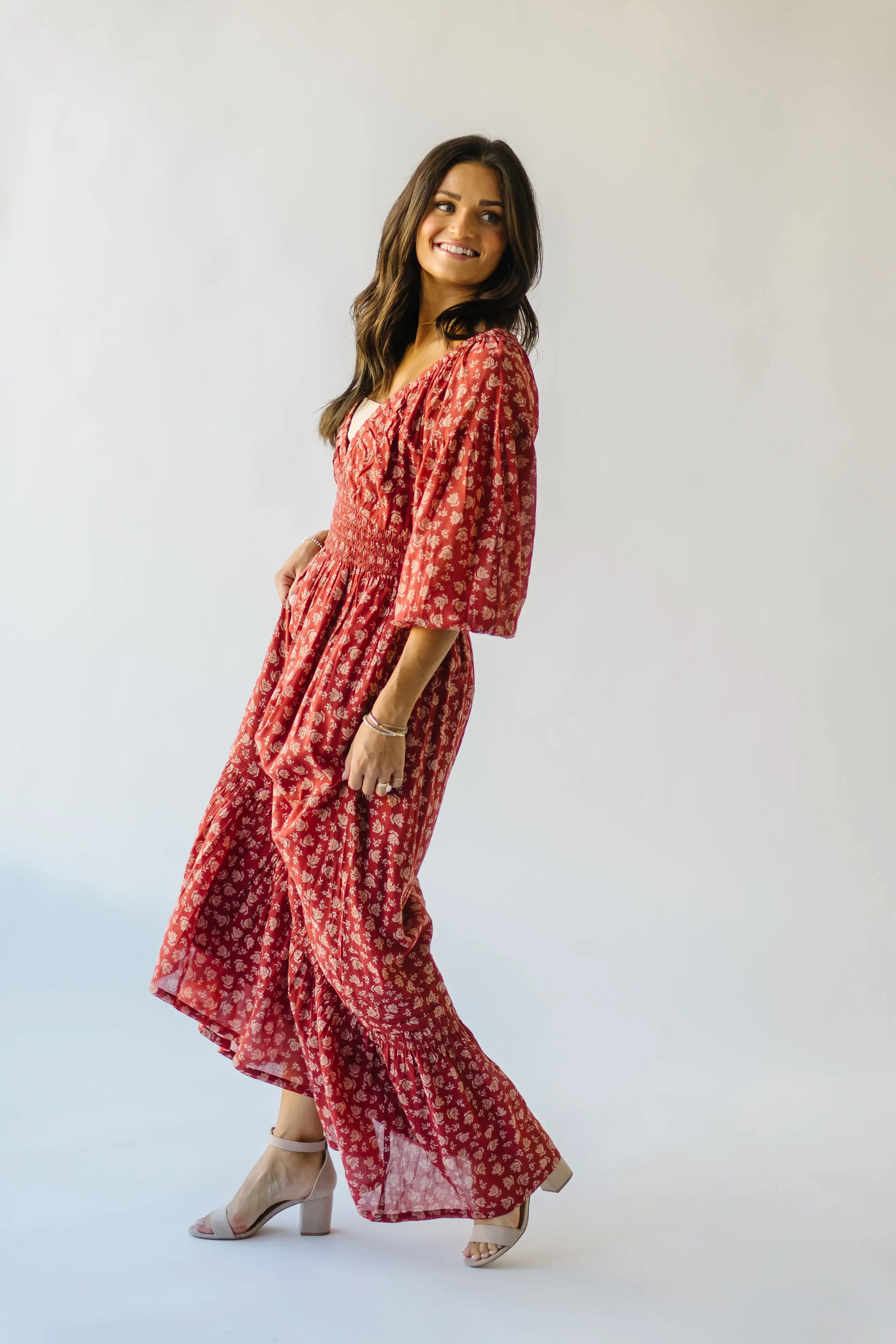 The Lewiston Smocked Detail Maxi Dress in Antique Brick