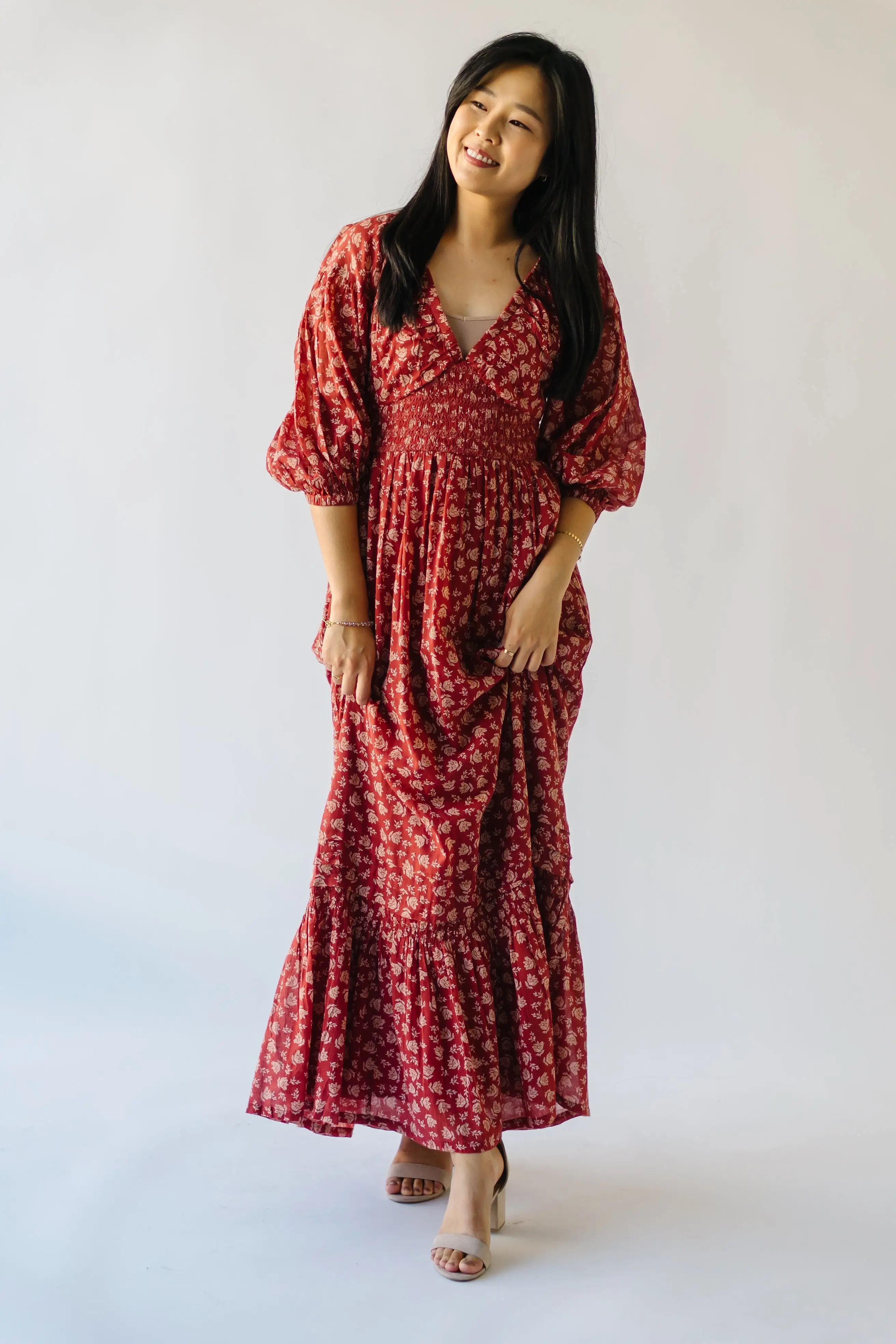 The Lewiston Smocked Detail Maxi Dress in Antique Brick