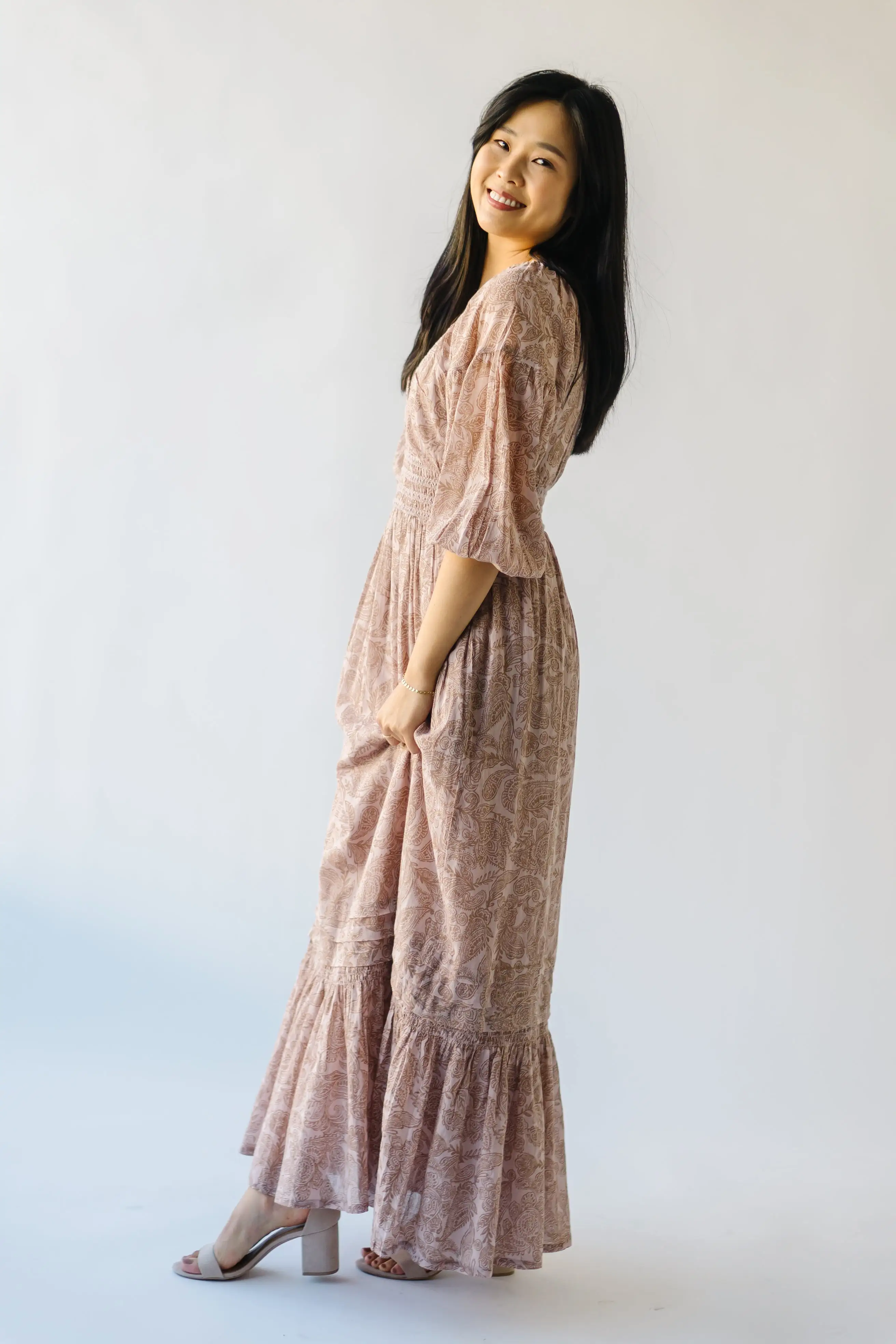 The Lewiston Smocked Detail Maxi Dress in Sandstone