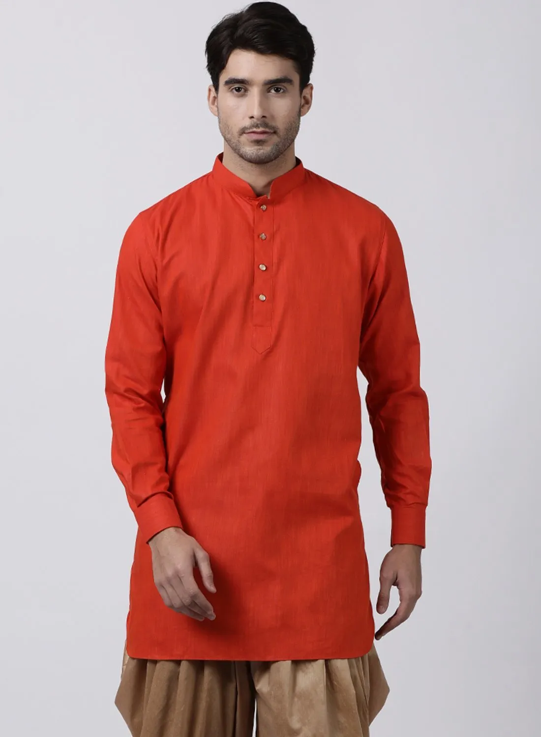 VASTRAMAY Men's Red Cotton Blend Kurta