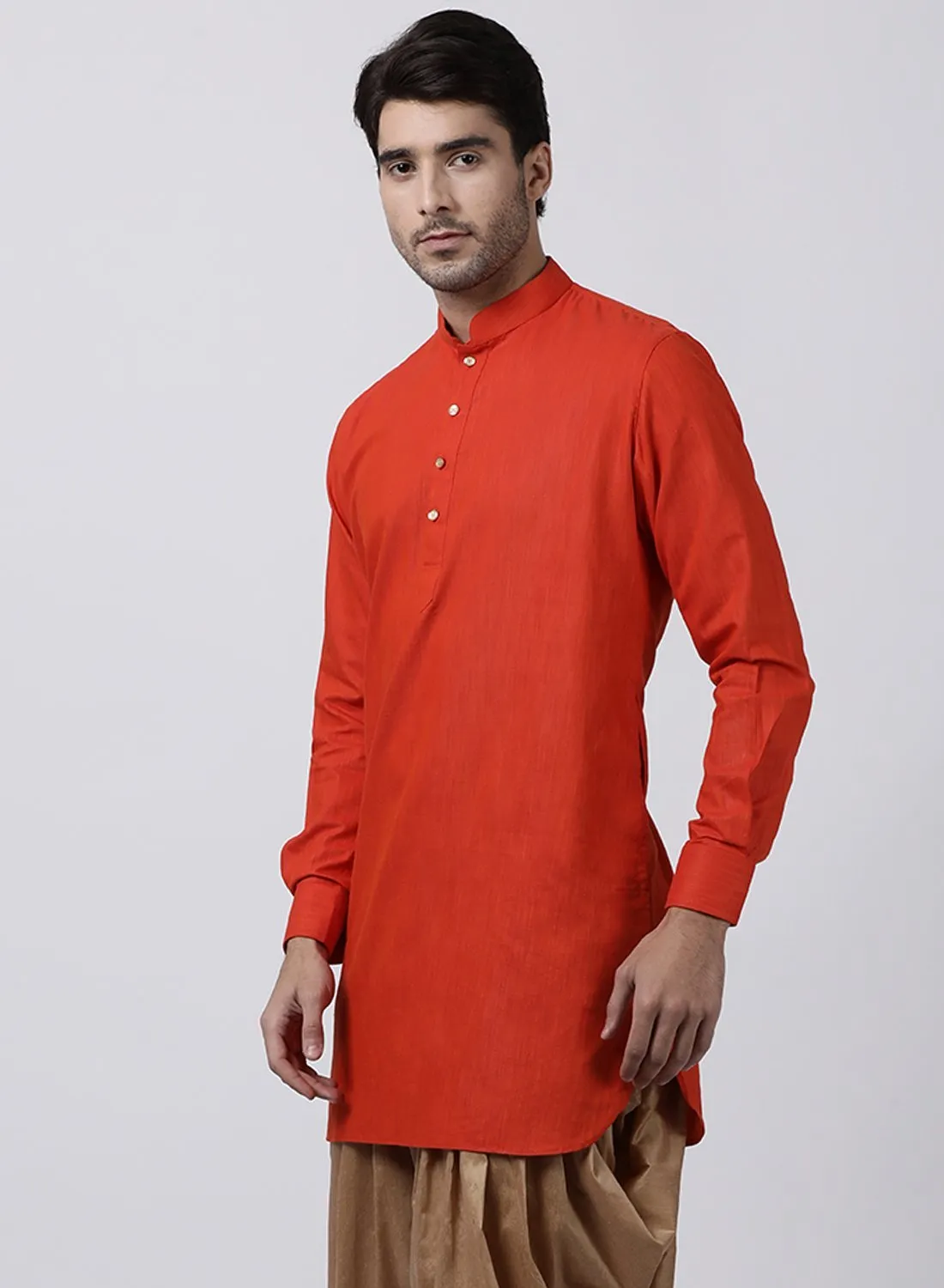 VASTRAMAY Men's Red Cotton Blend Kurta