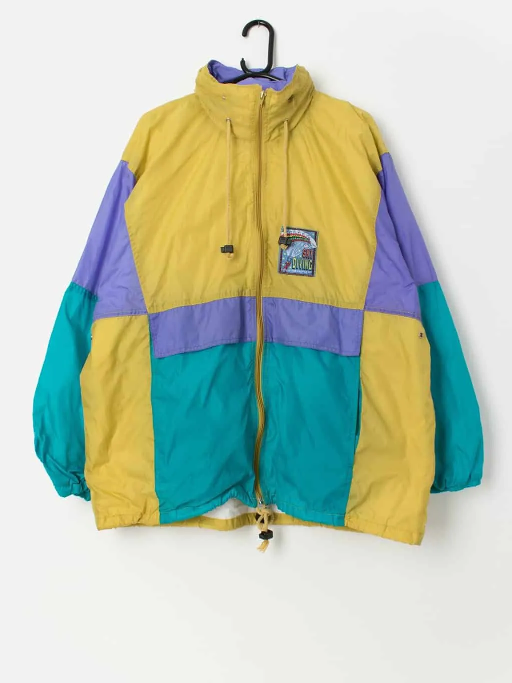 Vintage 80s yellow colour block shell jacket with sky diving patch on the front – Large